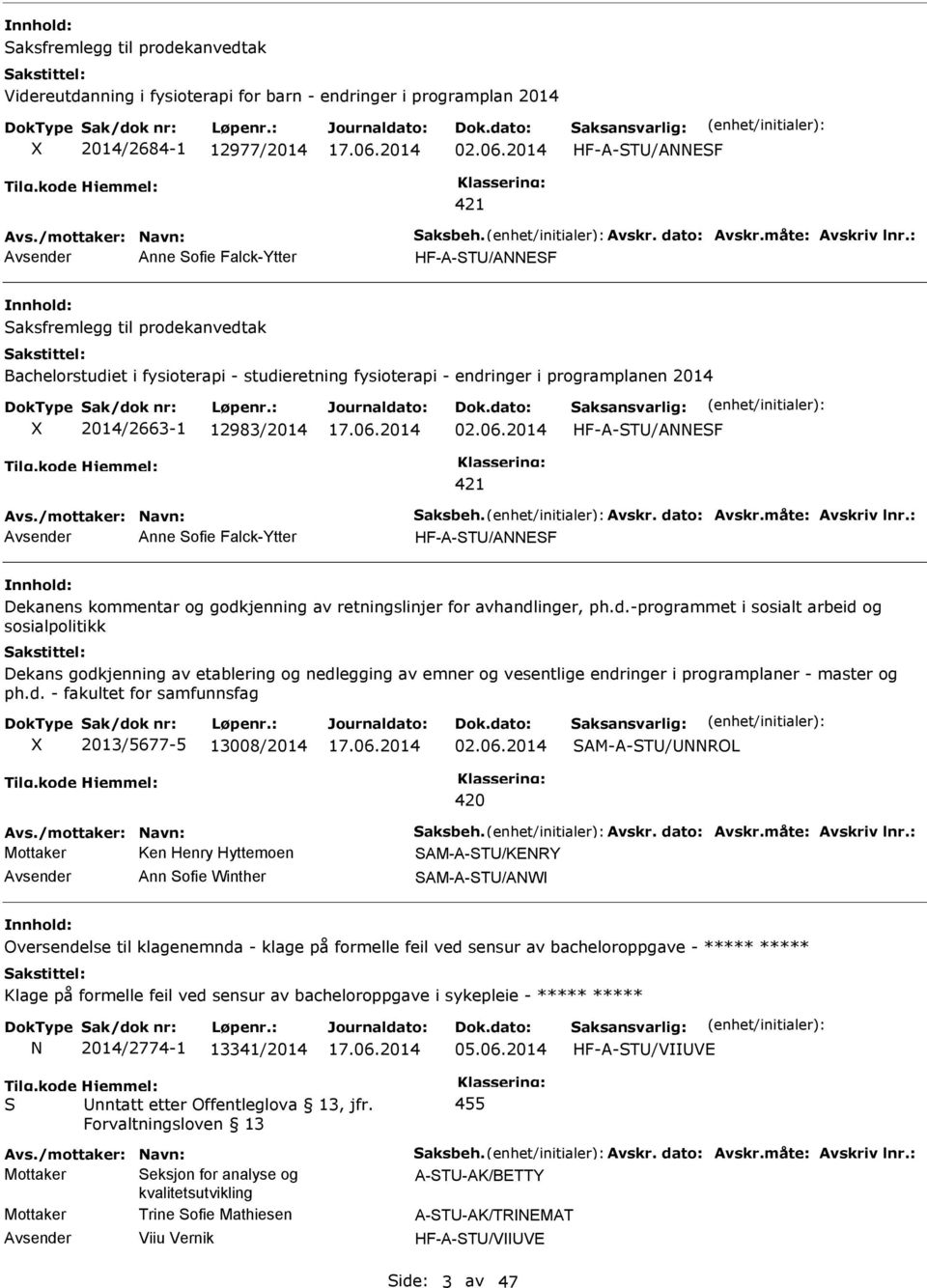 : Avsender Anne Sofie Falck-Ytter HF-A-STU/AESF Saksfremlegg til prodekanvedtak Bachelorstudiet i fysioterapi - studieretning fysioterapi - endringer i programplanen 2014 2014/2663-1 12983/2014 02.06.