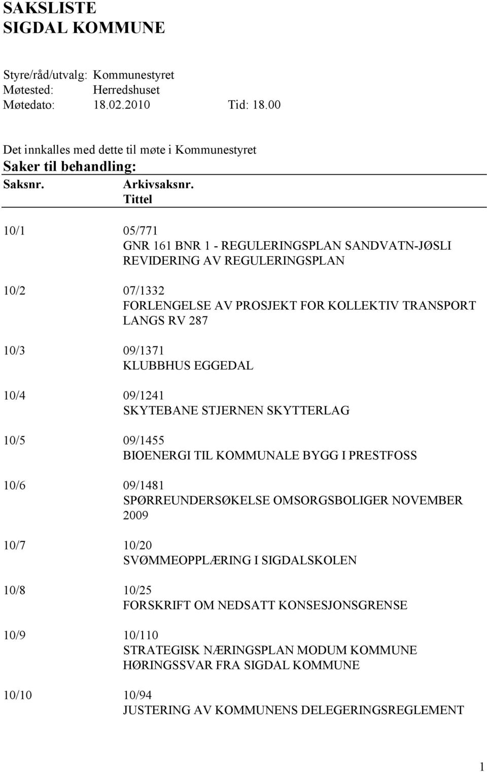 Tittel 10/1 05/771 GNR 161 BNR 1 - REGULERINGSPLAN SANDVATN-JØSLI REVIDERING AV REGULERINGSPLAN 10/2 07/1332 FORLENGELSE AV PROSJEKT FOR KOLLEKTIV TRANSPORT LANGS RV 287 10/3 09/1371 KLUBBHUS