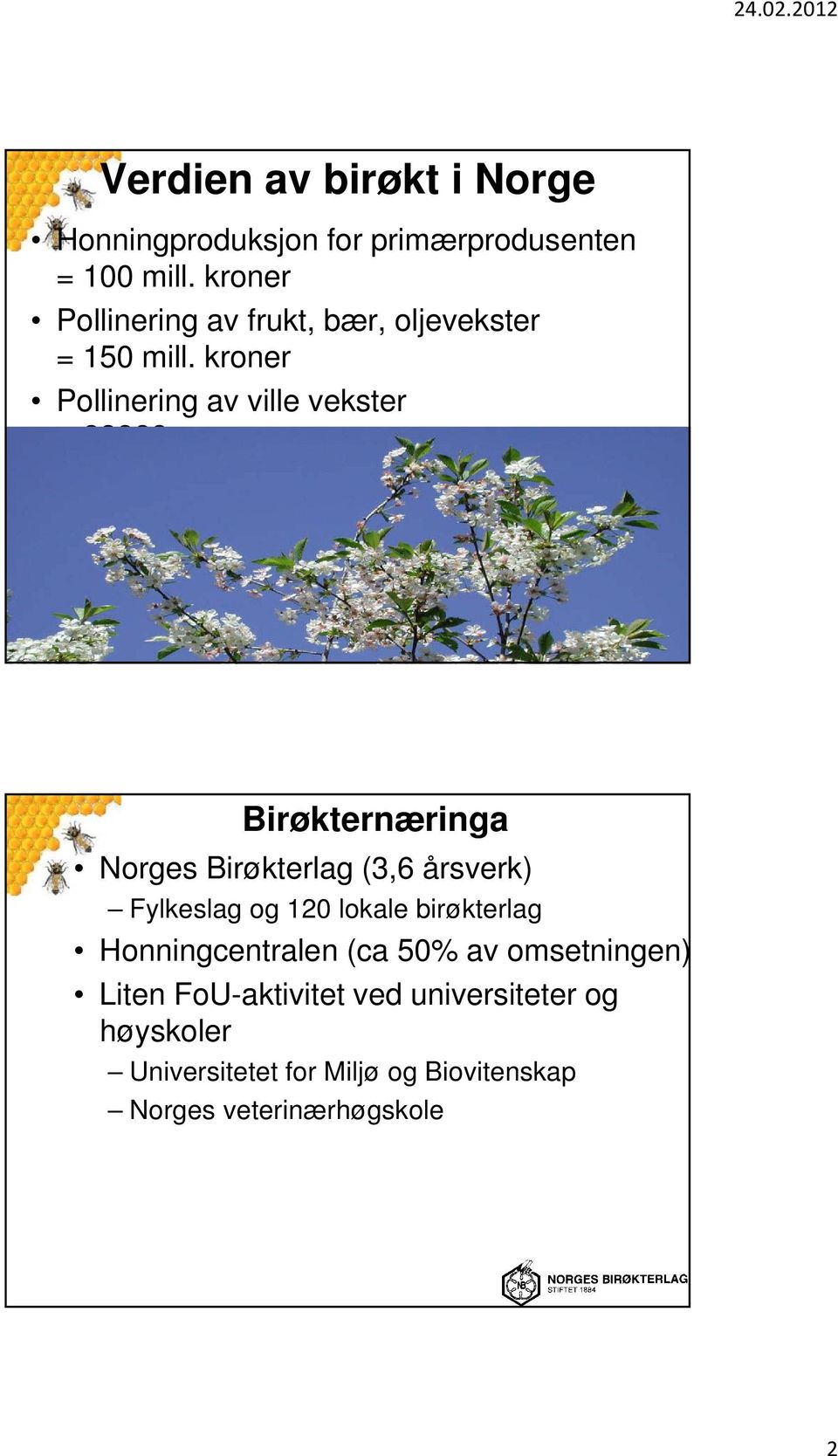 ???? Birøkternæringa Norges Birøkterlag (3,6 årsverk) Fylkeslag og 120 lokale birøkterlag
