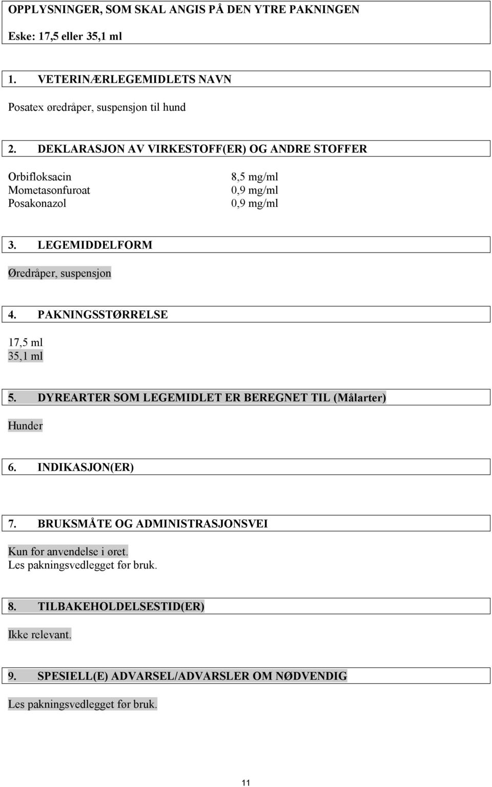 PAKNINGSSTØRRELSE 17,5 ml 35,1 ml 5. DYREARTER SOM LEGEMIDLET ER BEREGNET TIL (Målarter) Hunder 6. INDIKASJON(ER) 7.