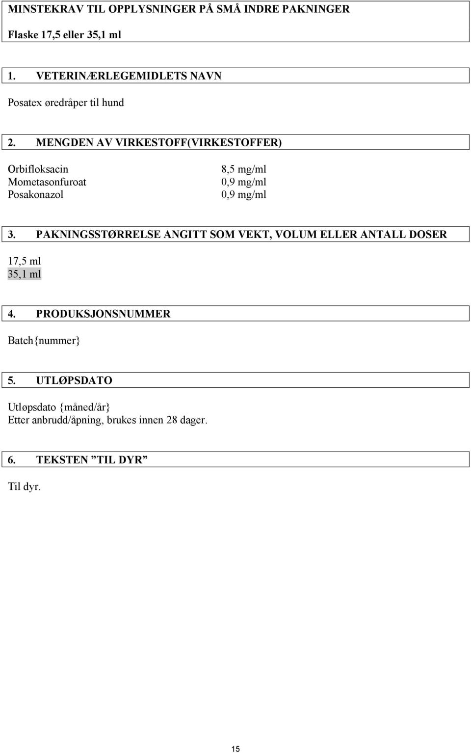 MENGDEN AV VIRKESTOFF(VIRKESTOFFER) Orbifloksacin Mometasonfuroat Posakonazol 8,5 mg/ml 3.