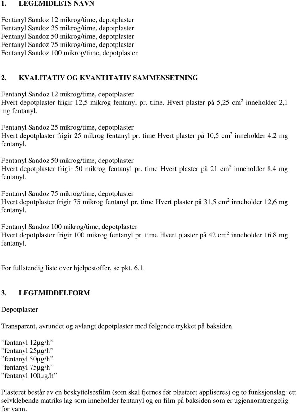 Hvert plaster på 5,25 cm 2 inneholder 2,1 mg fentanyl. Fentanyl Sandoz 25 mikrog/time, depotplaster Hvert depotplaster frigir 25 mikrog fentanyl pr. time Hvert plaster på 10,5 cm 2 inneholder 4.