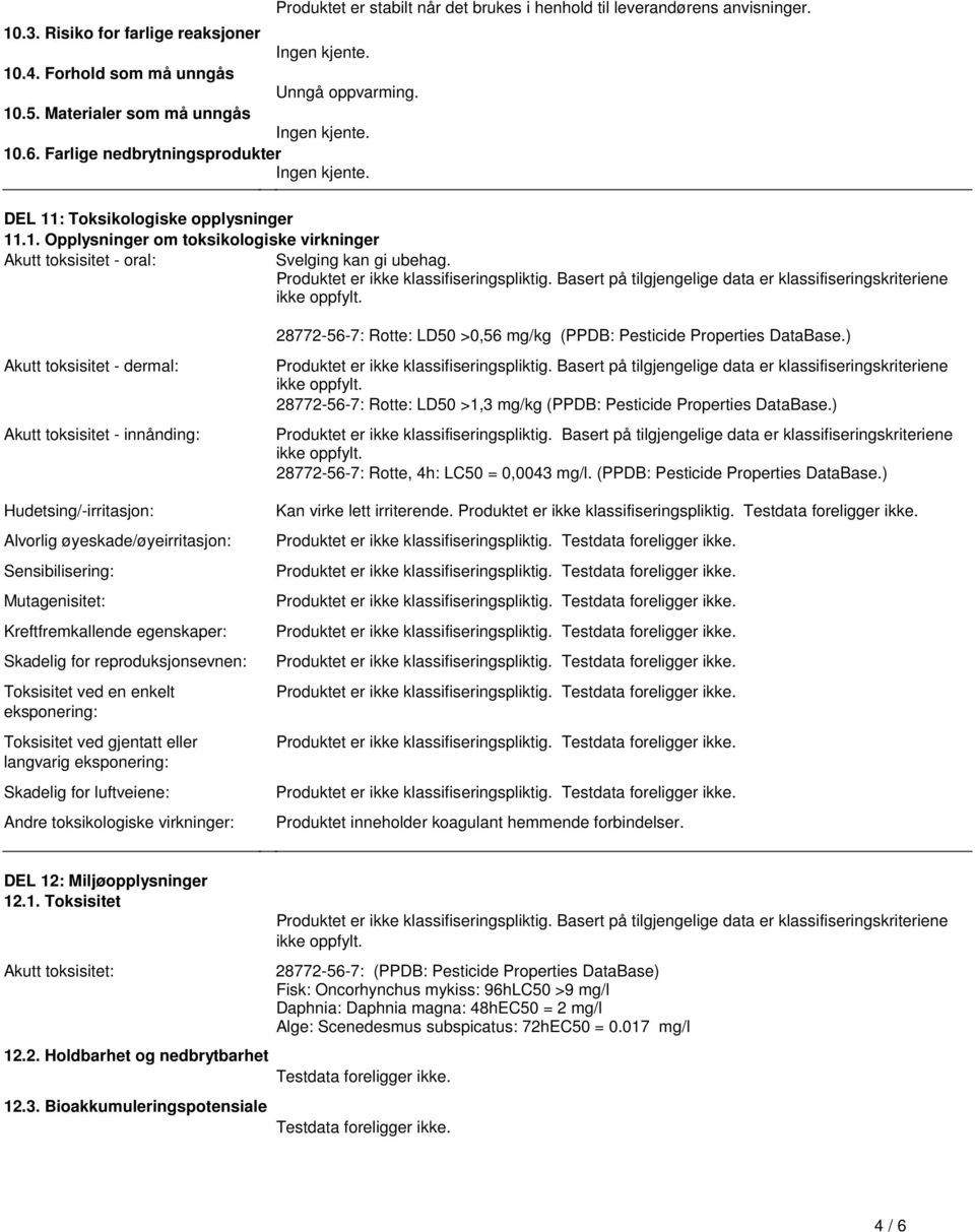 ikke klassifiseringspliktig Basert på tilgjengelige data er klassifiseringskriteriene ikke oppfylt 28772-56-7: Rotte: LD50 >0,56 mg/kg (PPDB: Pesticide Properties DataBase) Akutt toksisitet - dermal: