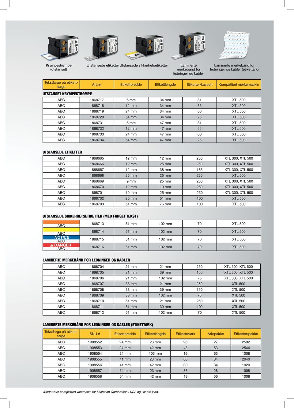 Etikettbredde Etikettlengde Etiketter/kassett Kompatibel merkemaskin ABC 1868717 6 mm 34 mm 81 XTL 500 ABC 1868718 12 mm 34 mm 65 XTL 500 ABC 1868719 24 mm 34 mm 60 XTL 500 ABC 1868720 54 mm 34 mm 25