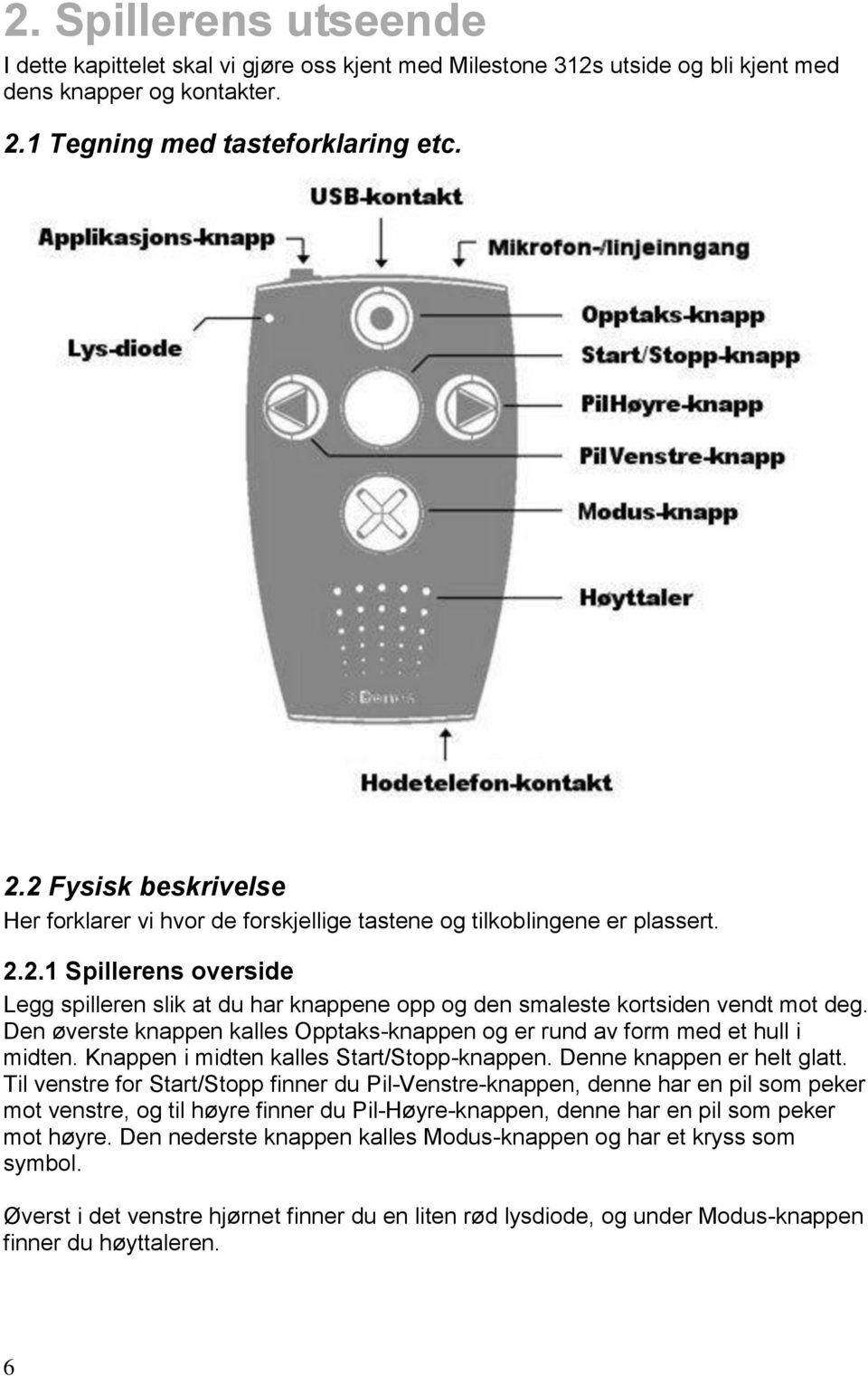 Den øverste knappen kalles Opptaks-knappen og er rund av form med et hull i midten. Knappen i midten kalles Start/Stopp-knappen. Denne knappen er helt glatt.