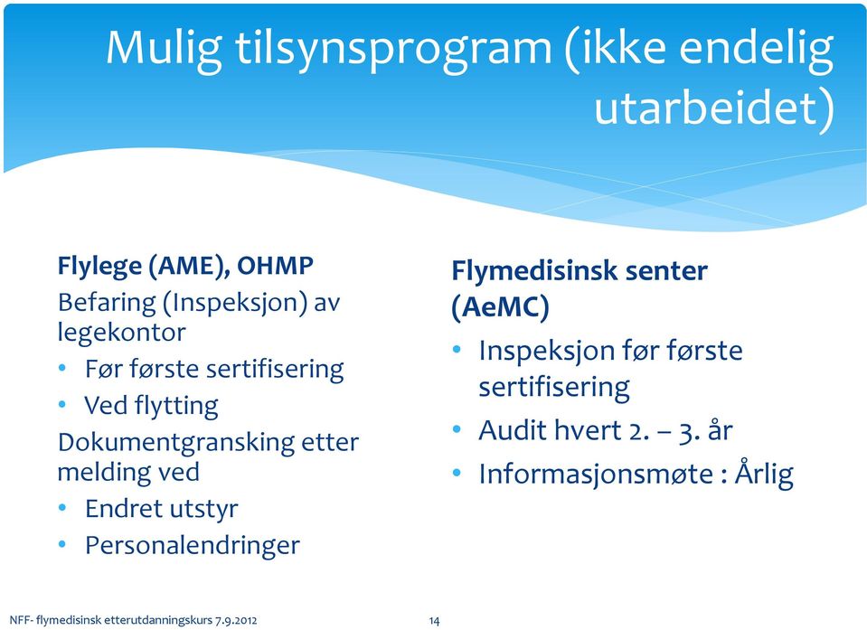 utstyr Personalendringer Flymedisinsk senter (AeMC) Inspeksjon før første sertifisering