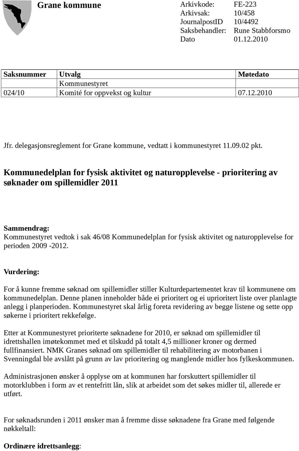 Kommunedelplan for fysisk aktivitet og naturopplevelse - prioritering av søknader om spillemidler 2011 Sammendrag: Kommunestyret vedtok i sak 46/08 Kommunedelplan for fysisk aktivitet og