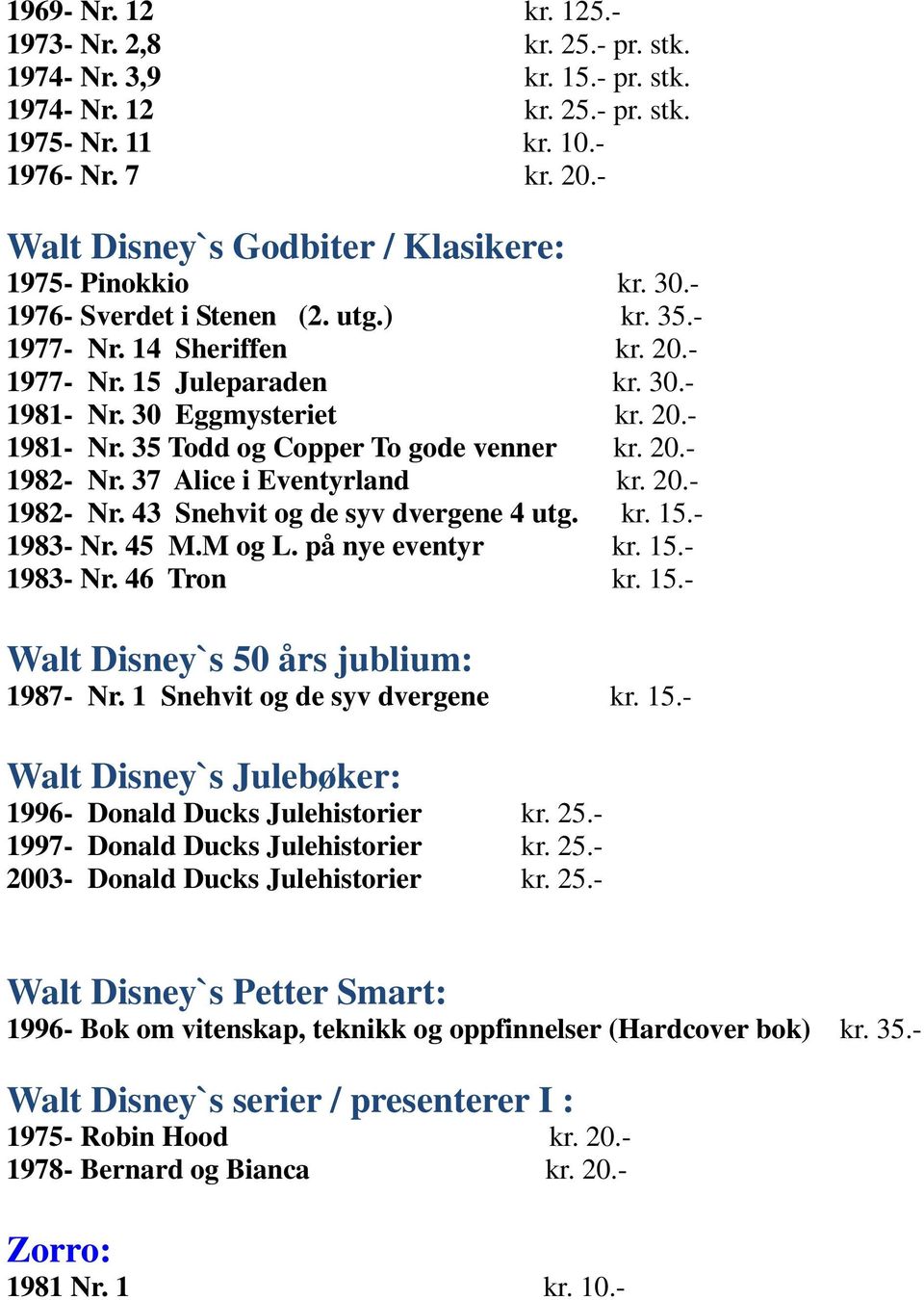 37 Alice i Eventyrland kr. 20.- 1982- Nr. 43 Snehvit og de syv dvergene 4 utg. kr. 15.- 1983- Nr. 45 M.M og L. på nye eventyr kr. 15.- 1983- Nr. 46 Tron kr. 15.- Walt Disney`s 50 års jublium: 1987- Nr.