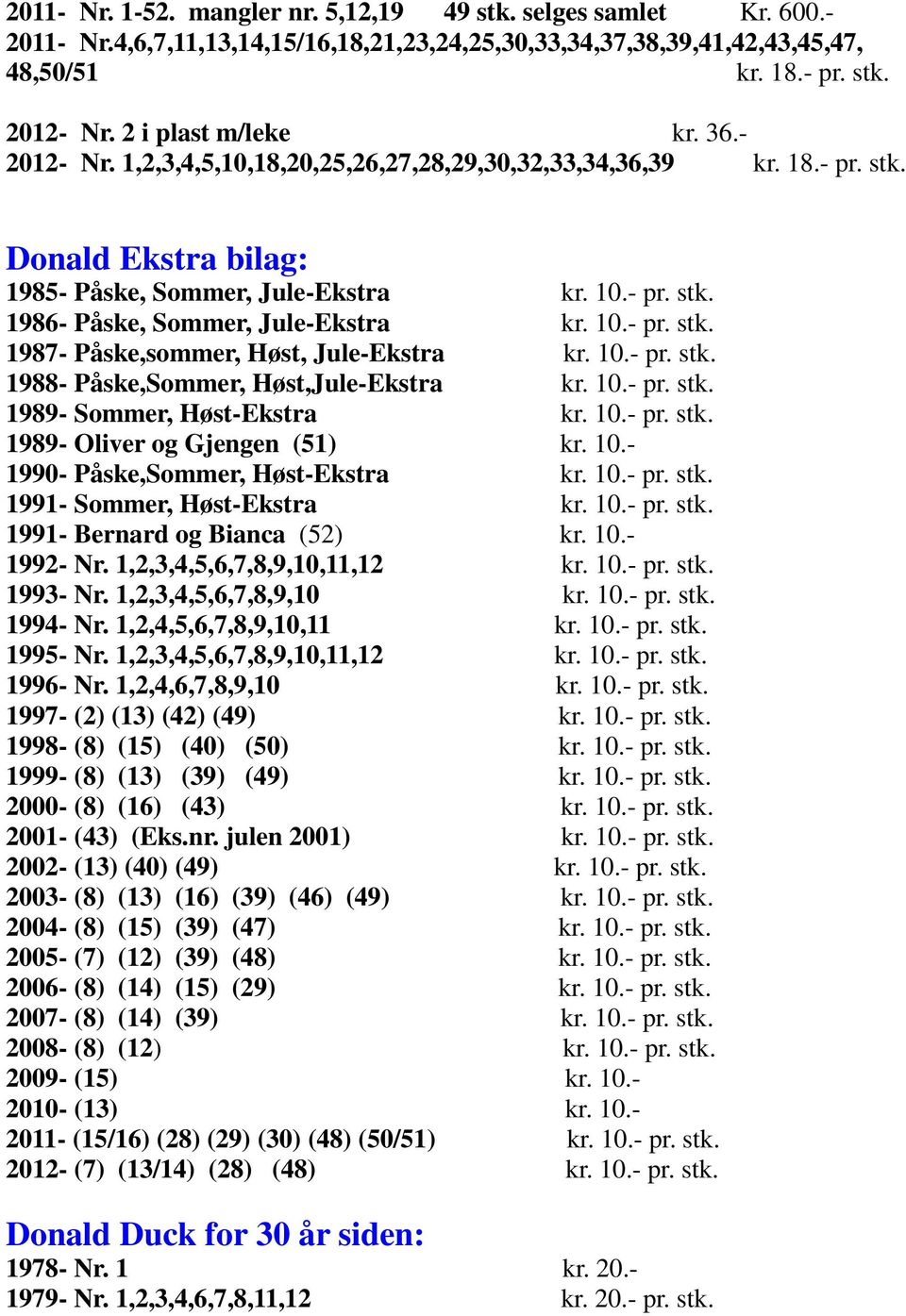 10.- pr. stk. 1987- Påske,sommer, Høst, Jule-Ekstra kr. 10.- pr. stk. 1988- Påske,Sommer, Høst,Jule-Ekstra kr. 10.- pr. stk. 1989- Sommer, Høst-Ekstra kr. 10.- pr. stk. 1989- Oliver og Gjengen (51) kr.