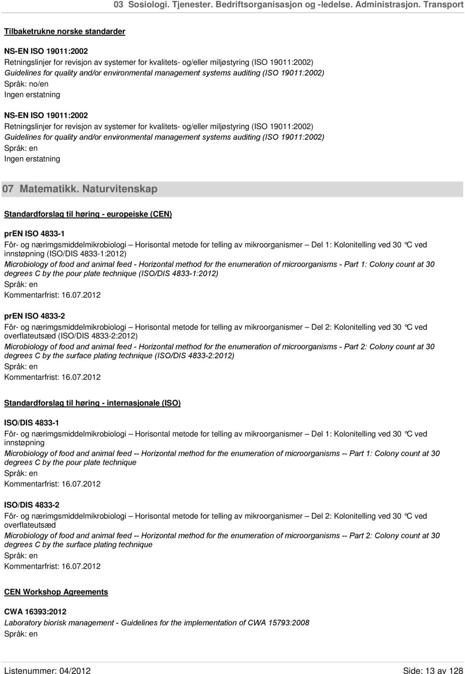 environmental management systems auditing (ISO 19011:2002) Språk: no/en NS-EN ISO 19011:2002 Retningslinjer for revisjon av systemer for kvalitets- og/eller miljøstyring (ISO 19011:2002) Guidelines