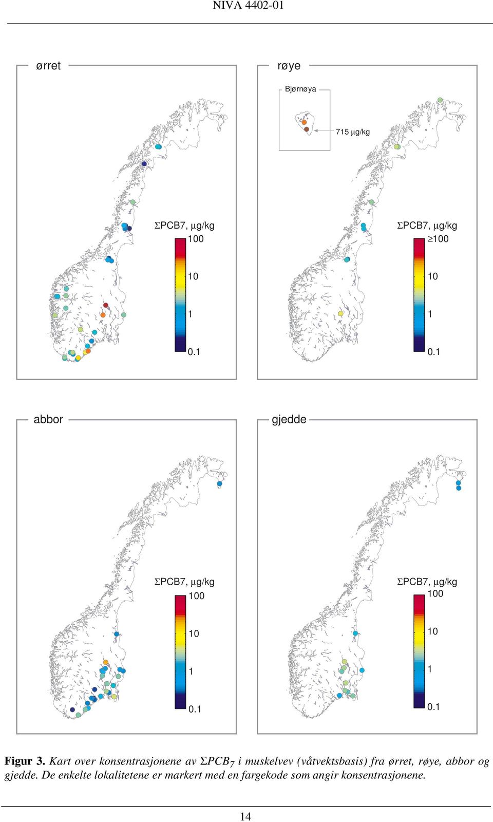 Kart over konsentrasjonene av ΣPCB 7 i muskelvev (våtvektsbasis) fra ørret, røye,