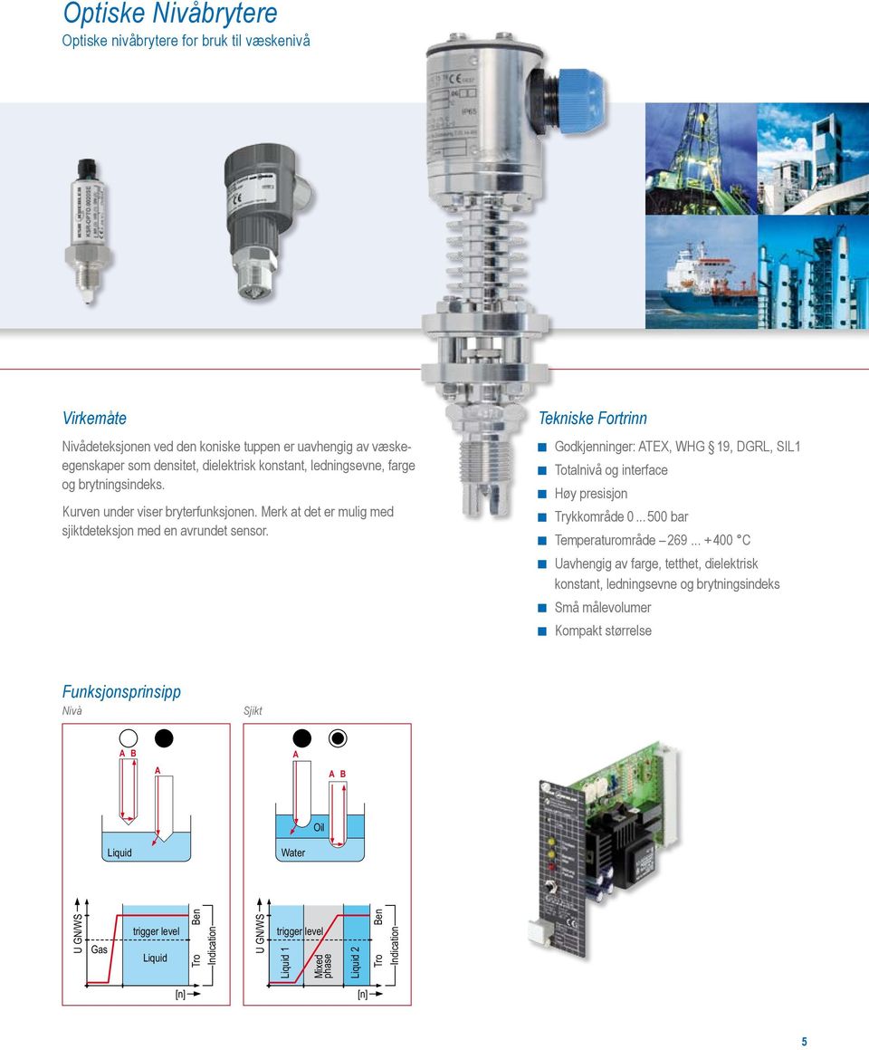 Tekniske Fortrinn Godkjenninger: ATEX, WHG 19, DGRL, SIL1 Totalnivå og interface Høy presisjon Trykkområde 0... 500 bar Temperaturområde 269.