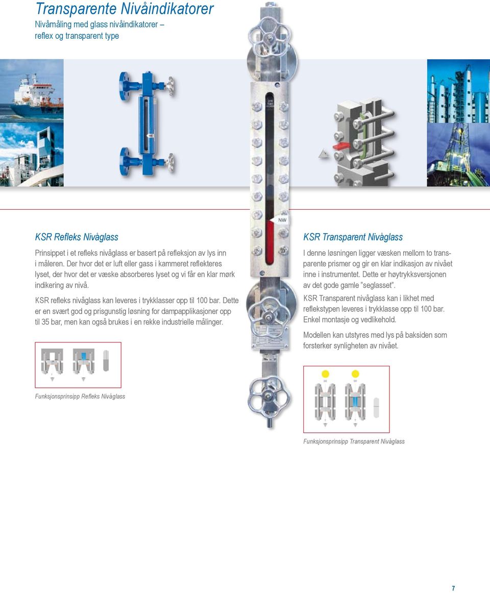 KSR refleks nivåglass kan leveres i trykklasser opp til 100 bar.