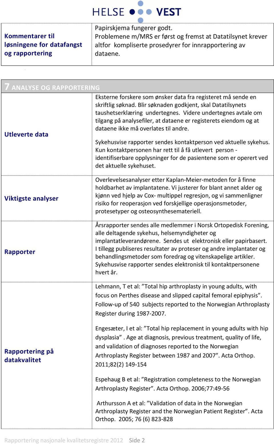 7 ANALYSE OG RAPPORTERING Eksterne forskere som ønsker data fra registeret må sende en skriftlig søknad. Blir søknaden godkjent, skal Datatilsynets taushetserklæring undertegnes.