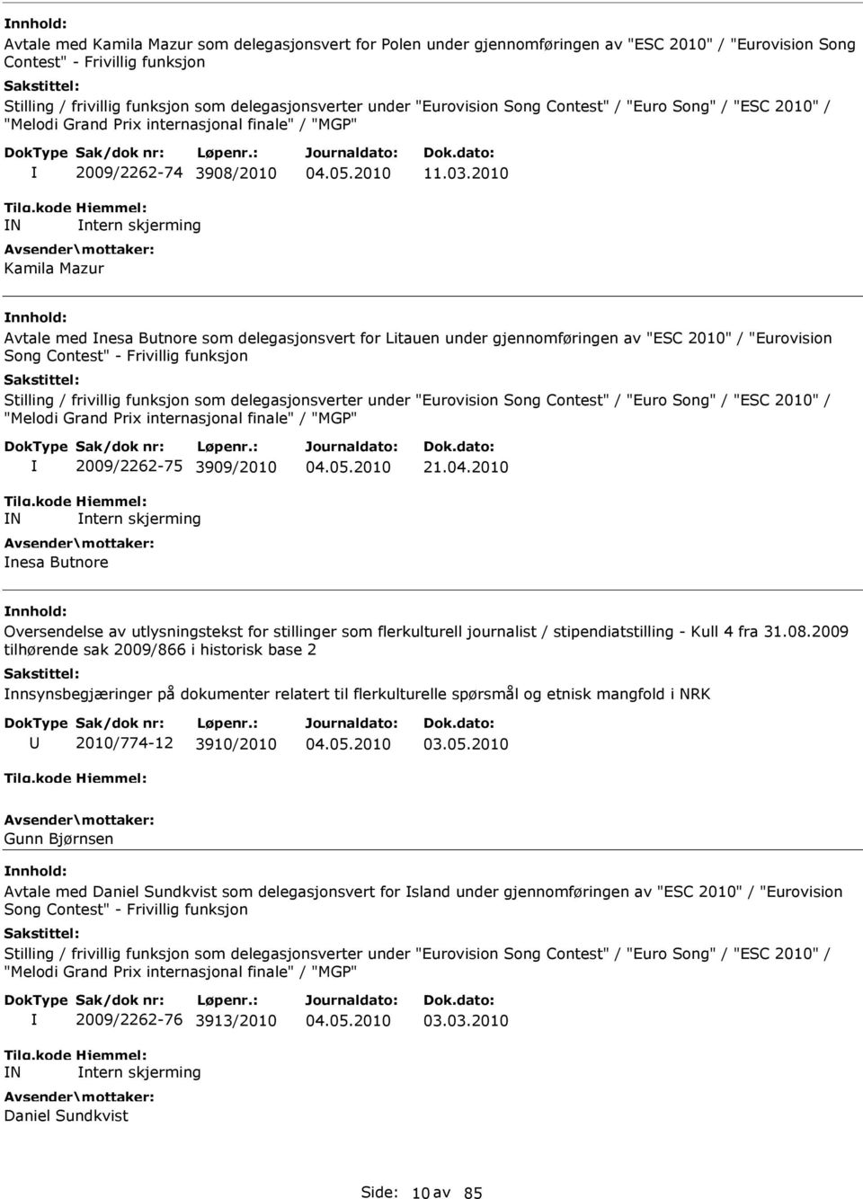 2010 Avtale med nesa Butnore som delegasjonsvert for Litauen under gjennomføringen av "ESC 2010" / "Eurovision Song Contest" - Frivillig funksjon Stilling / frivillig funksjon som delegasjonsverter