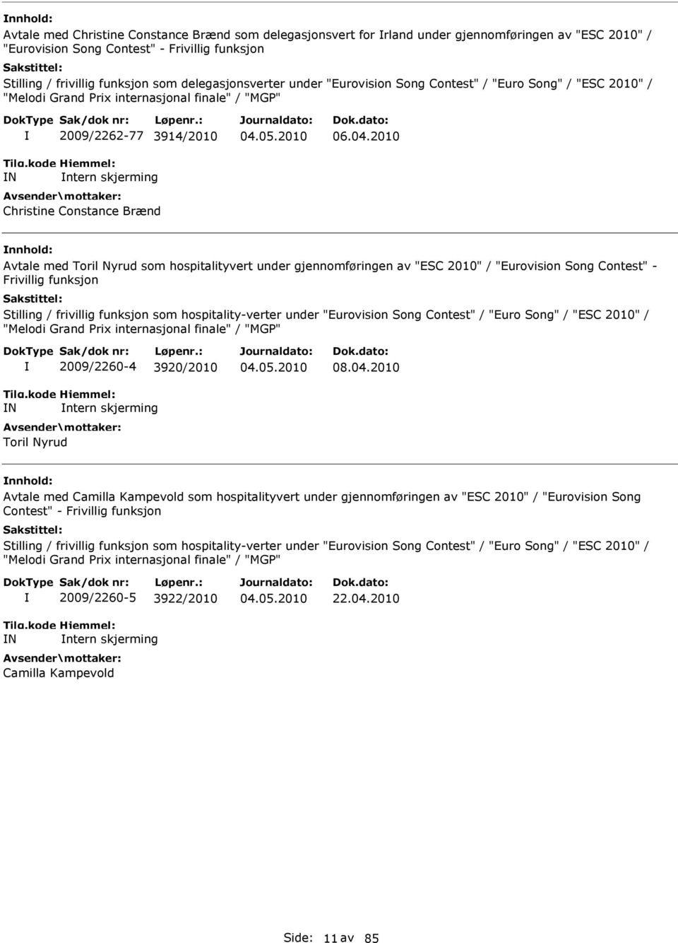 2010 Avtale med Toril Nyrud som hospitalityvert under gjennomføringen av "ESC 2010" / "Eurovision Song Contest" - Frivillig funksjon Stilling / frivillig funksjon som hospitality-verter under