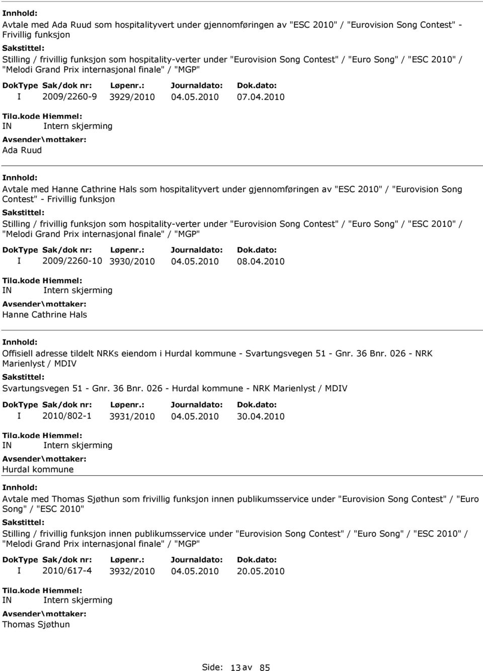 2010 Avtale med Hanne Cathrine Hals som hospitalityvert under gjennomføringen av "ESC 2010" / "Eurovision Song Contest" - Frivillig funksjon Stilling / frivillig funksjon som hospitality-verter under