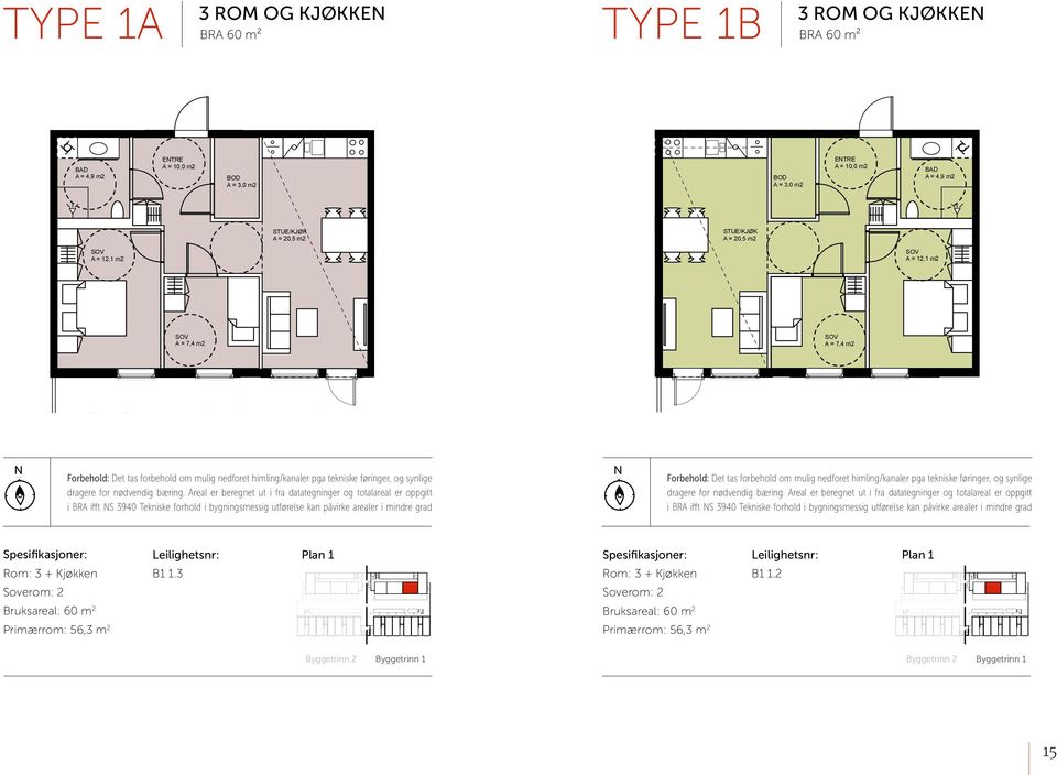 2 TYPE 1B 3R+Kj S-BRA A = 4,9 60,0 m2 m2 P-rom = 56,3 m2 A = 20,5 m2 A = 10,0 m2 A = 3,0 m2 A = 20,5 m2 A = 3,0 m2 A = 20,5 m2 A = 20,5 m2 NN Det tas forbehold om mulig nedforet himling/kanaler pga