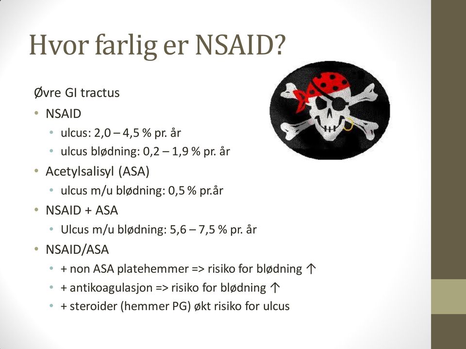 år NSAID + ASA Ulcus m/u blødning: 5,6 7,5 % pr.