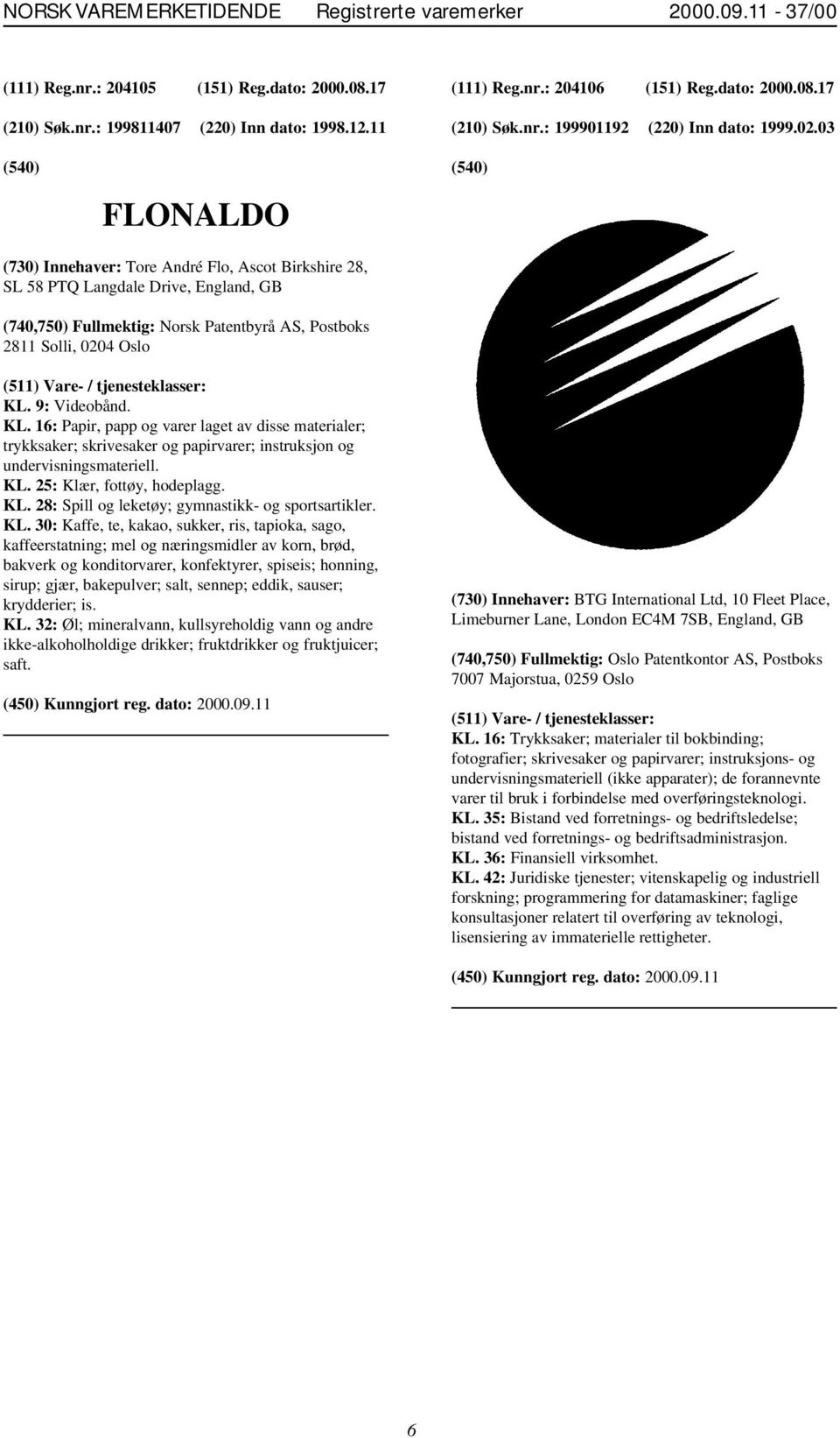 03 FLONALDO (730) Innehaver: Tore André Flo, Ascot Birkshire 28, SL 58 PTQ Langdale Drive, England, GB (740,750) Fullmektig: Norsk Patentbyrå AS, Postboks 2811 Solli, 0204 Oslo KL.