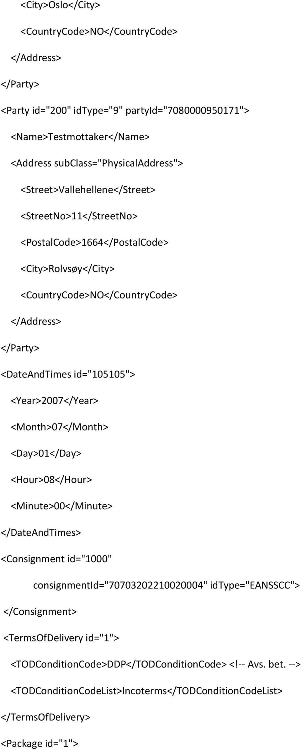 <Year>2007</Year> <Month>07</Month> <Day>01</Day> <Hour>08</Hour> <Minute>00</Minute> </DateAndTimes> <Consignment id="1000" consignmentid="70703202210020004" idtype="eansscc">