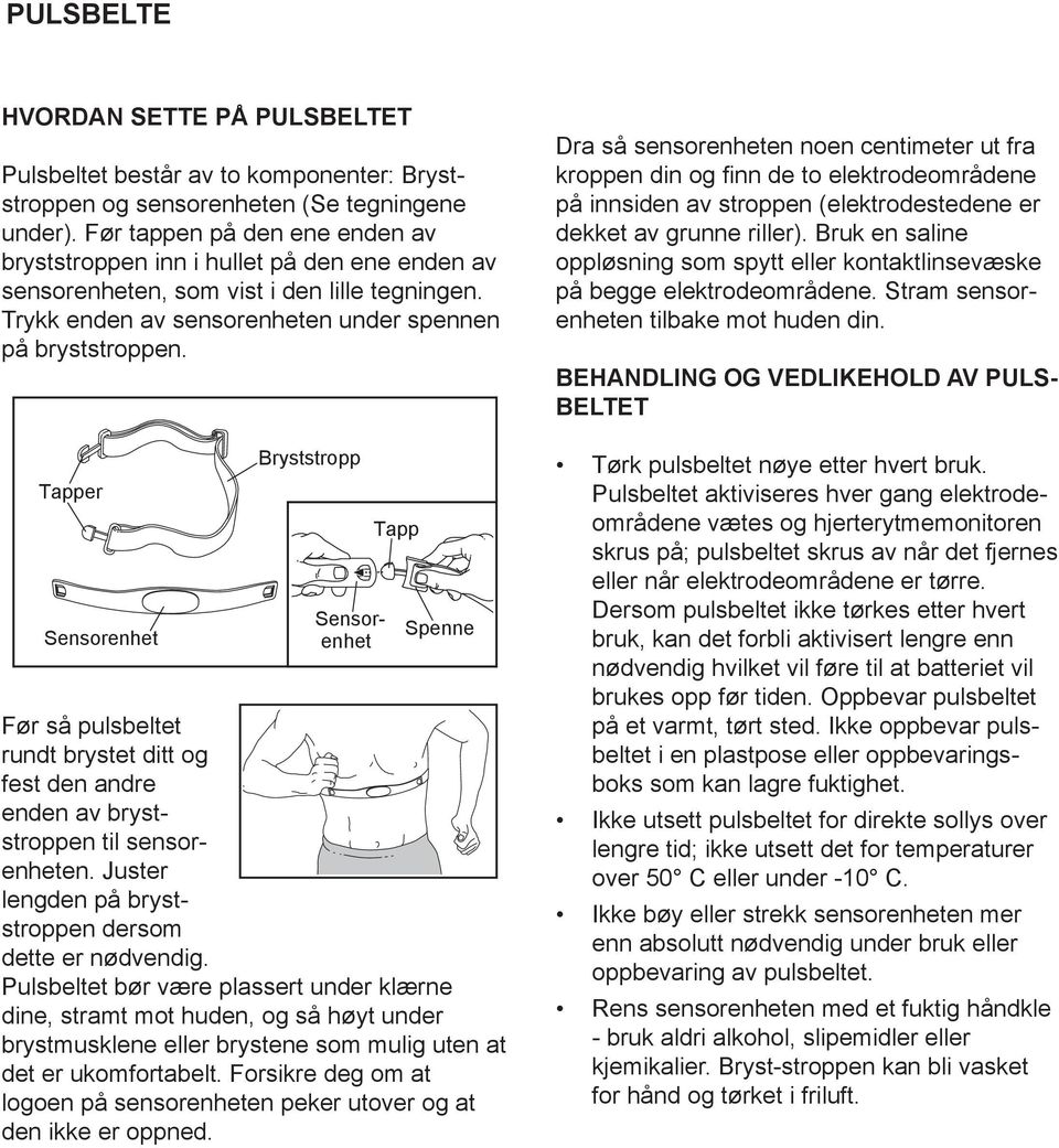 Tapper Sensorenhet Bryststropp Sensorenhet Tapp Spenne Før så pulsbeltet rundt brystet ditt og fest den andre enden av bryststroppen til sensorenheten.