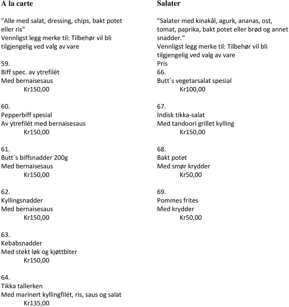 Kyllingsnadder Salater "Salater med kinakål, agurk, ananas, ost, tomat, paprika, bakt potet eller brød og annet snadder." Pris 66.