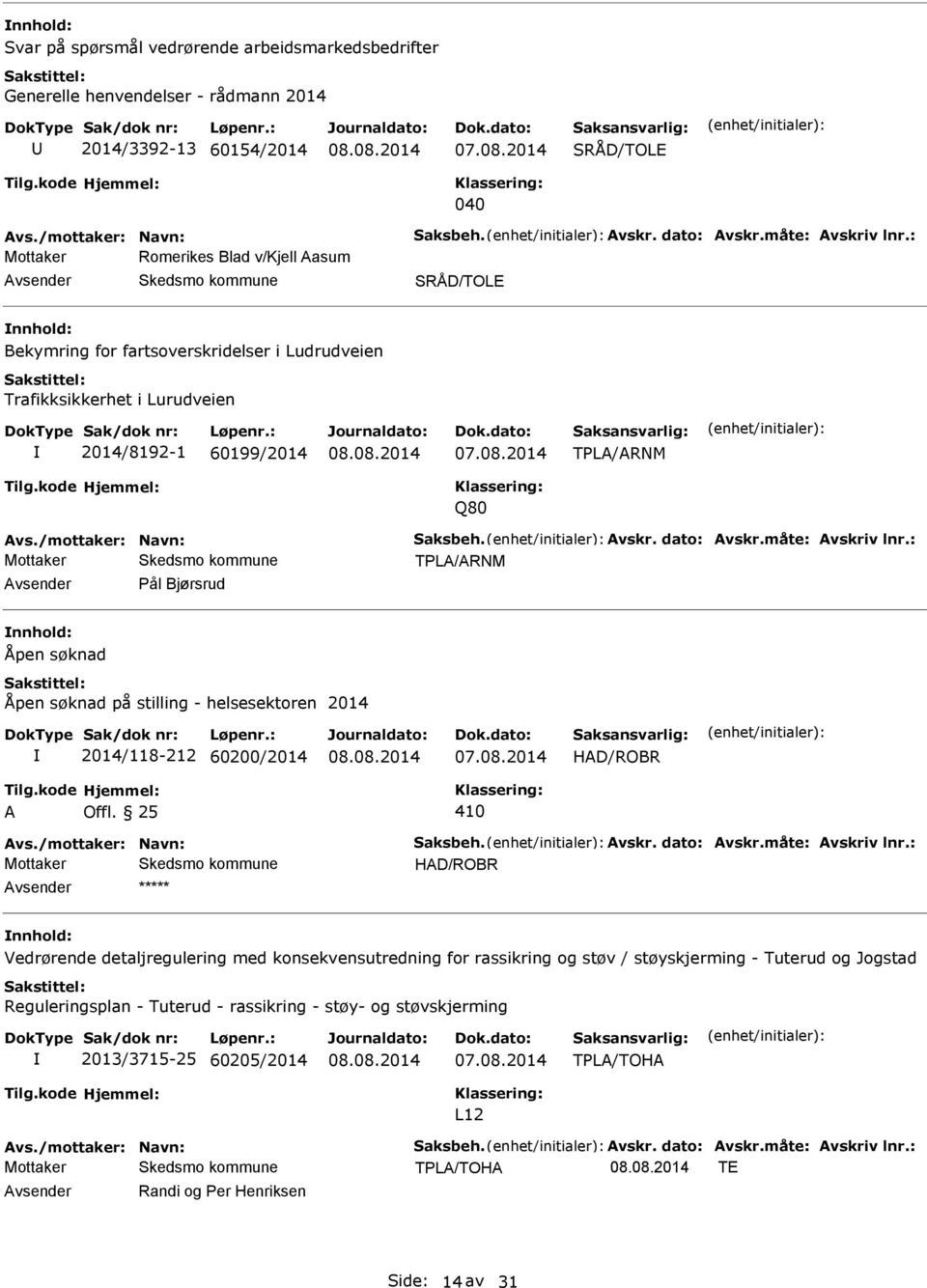 /mottaker: Navn: Saksbeh. vskr. dato: vskr.måte: vskriv lnr.: TPL/RNM Pål Bjørsrud Åpen søknad Åpen søknad på stilling - helsesektoren 2014 2014/118-212 60200/2014 07.08.2014 HD/ROBR 410 vs.