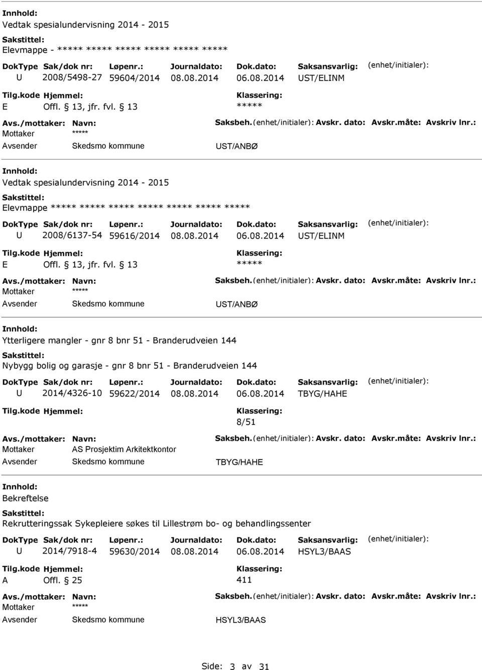 : Mottaker ST/NBØ Ytterligere mangler - gnr 8 bnr 51 - Branderudveien 144 Nybygg bolig og garasje - gnr 8 bnr 51 - Branderudveien 144 2014/4326-10 59622/2014 TBYG/HH 8/51 vs./mottaker: Navn: Saksbeh.