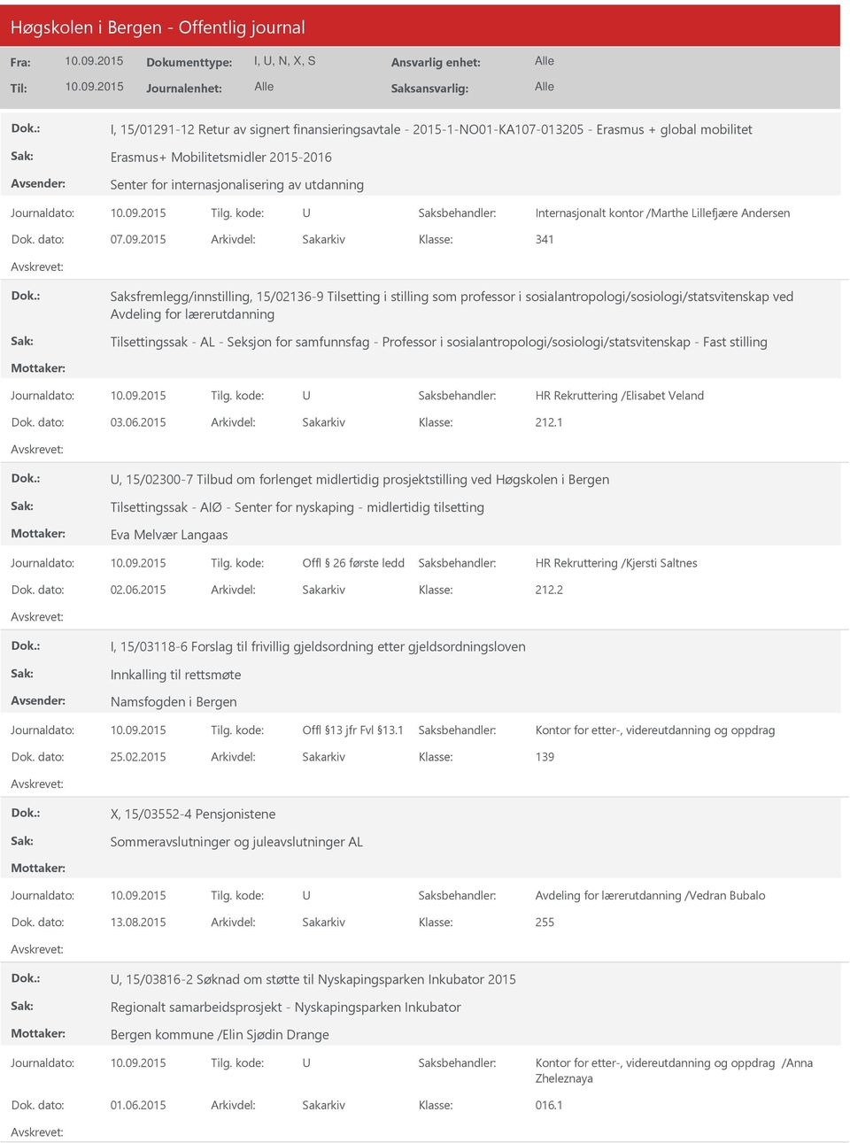 2015 Arkivdel: Sakarkiv 341 Saksfremlegg/innstilling, 15/02136-9 Tilsetting i stilling som professor i sosialantropologi/sosiologi/statsvitenskap ved Avdeling for lærerutdanning Tilsettingssak - AL -