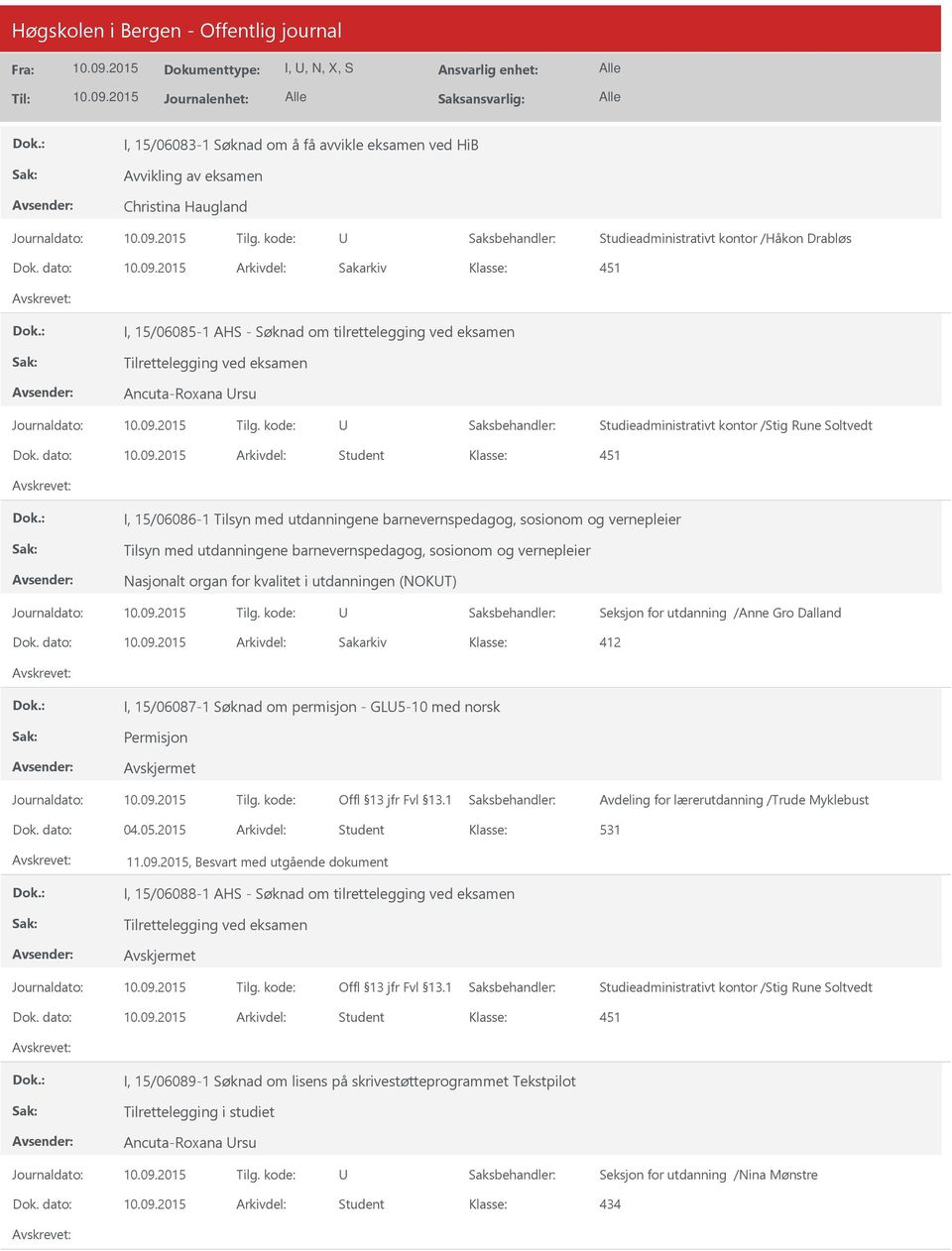 dato: Arkivdel: Student I, 15/06086-1 Tilsyn med utdanningene barnevernspedagog, sosionom og vernepleier Tilsyn med utdanningene barnevernspedagog, sosionom og vernepleier Nasjonalt organ for