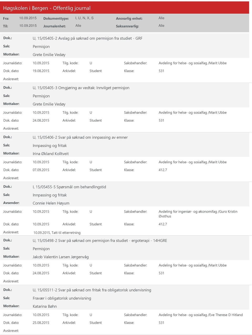 2015 Arkivdel: Student, 15/05406-2 Svar på søknad om innpassing av emner Innpassing og fritak Irina Økland Kolltveit Avdeling for helse- og sosialfag /Marit bbe 412.