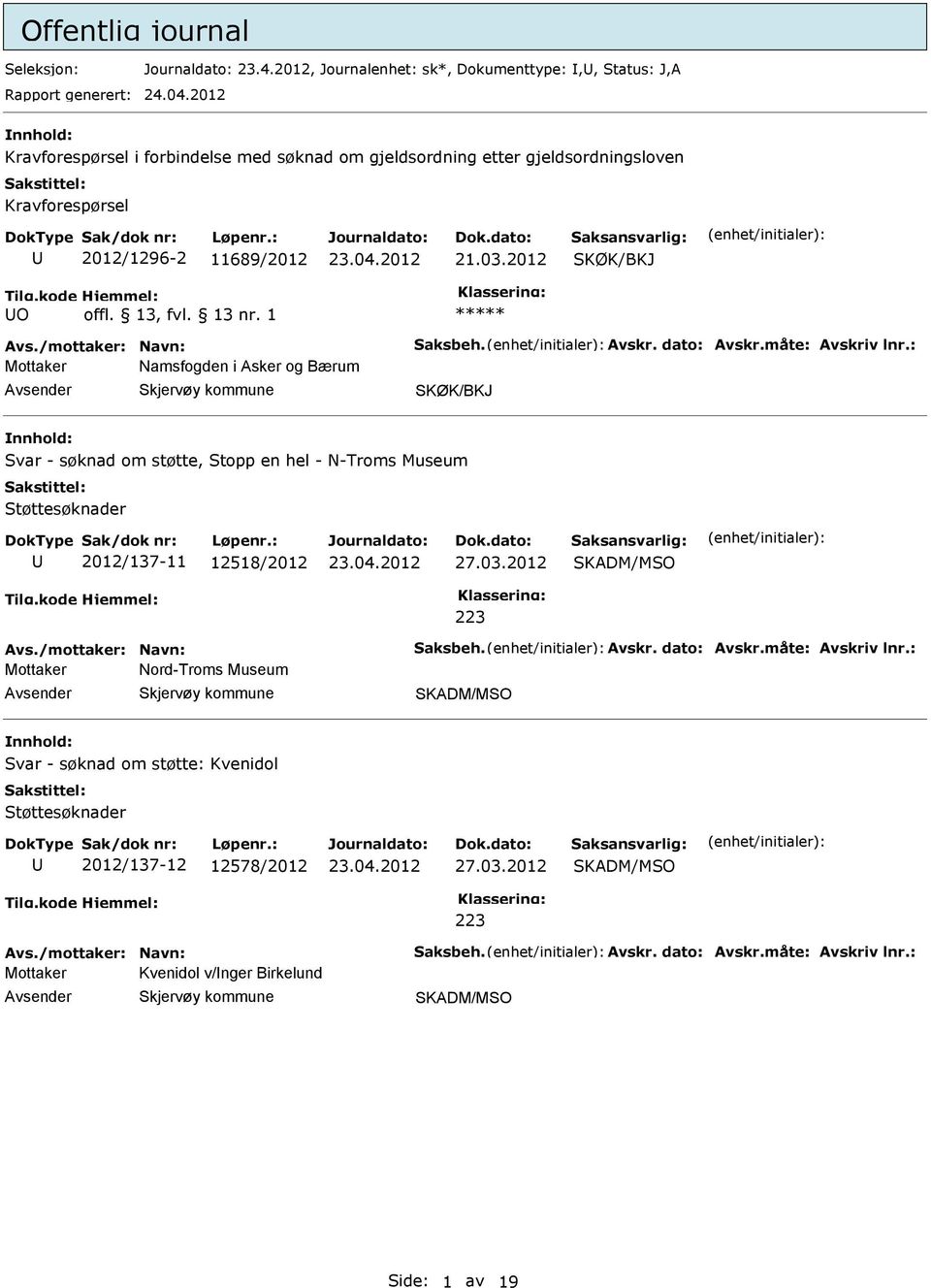 dato: Avskr.måte: Avskriv lnr.: Namsfogden i Asker og Bærum SKØK/BKJ Svar - søknad om støtte, Stopp en hel - N-Troms Museum Støttesøknader 2012/137-11 12518/2012 27.03.2012 223 Avs.