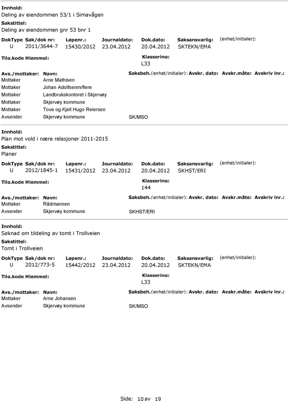 : Arne Mathisen Johan Adolfsenm/flere Landbrukskontoret i Skjervøy Tove og Kjell Hugo Reiersen Plan mot vold i nære relasjoner 2011-2015 Planer 2012/1845-1