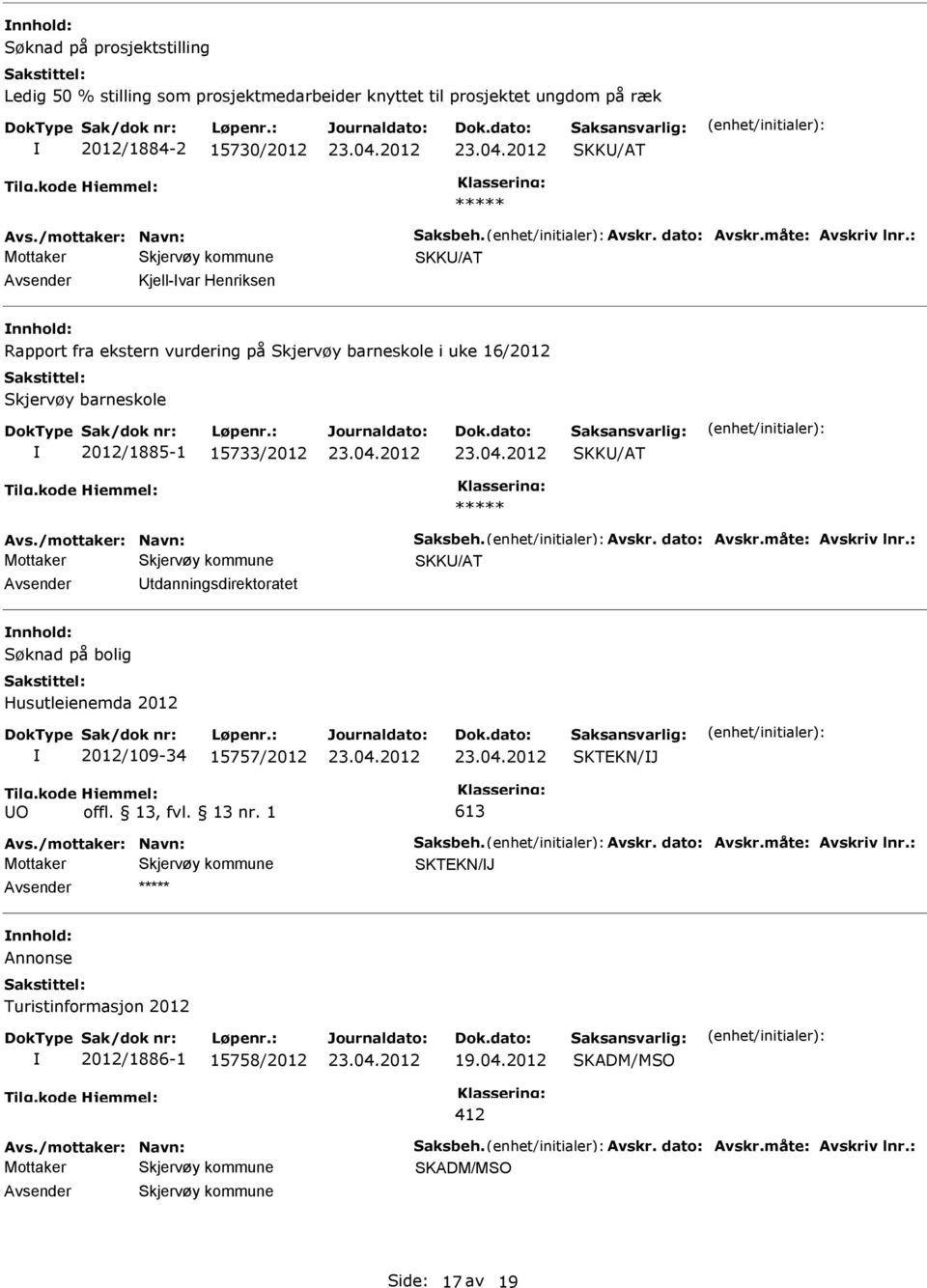 /mottaker: Navn: Saksbeh. Avskr. dato: Avskr.måte: Avskriv lnr.: SKK/AT tdanningsdirektoratet Søknad på bolig Husutleienemda 2012 2012/109-34 15757/2012 SKTEKN/J O 613 Avs.