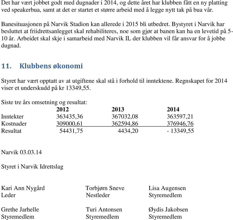 Arbeidet skal skje i samarbeid med Narvik IL der klubben vil får ansvar for å jobbe dugnad. 11. Klubbens økonomi Styret har vært opptatt av at utgiftene skal stå i forhold til inntektene.