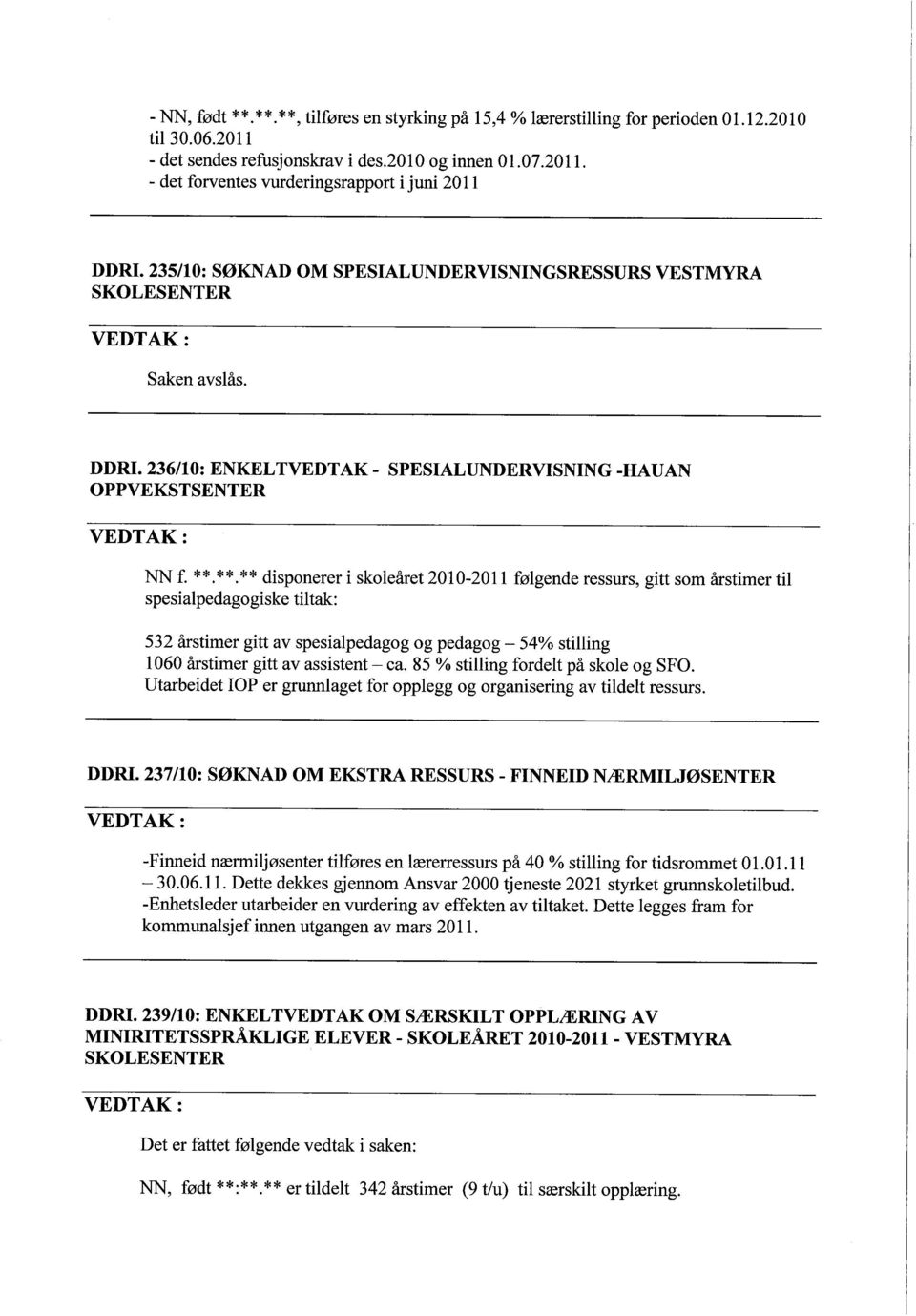 **.** disponerer i skoleåret 2010-201 1 følgende ressurs, gitt som årstimer til spesialpedagogiske tiltak: 532 årstimer gitt av spesialpedagog og pedagog - 54% stiling 1060 årstimer gitt av assistent