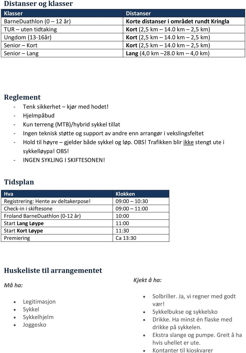 - Hjelmpåbud - Kun terreng (MTB)/hybrid sykkel tillat - Ingen teknisk støtte og support av andre enn arrangør i vekslingsfeltet - Hold til høyre gjelder både sykkel og løp. OBS!