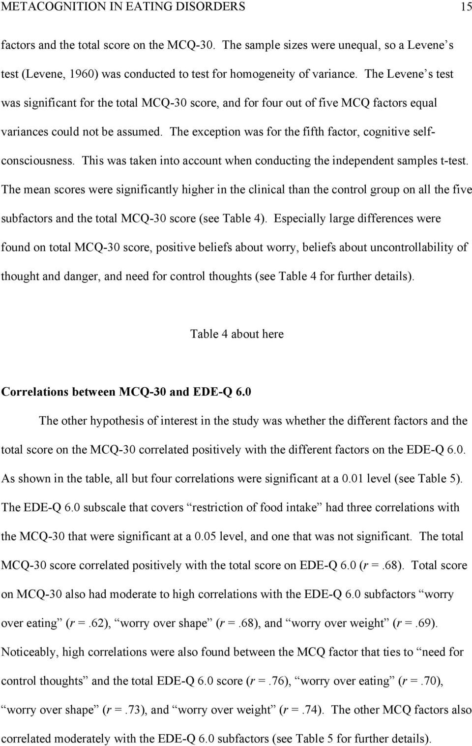 The exception was for the fifth factor, cognitive selfconsciousness. This was taken into account when conducting the independent samples t-test.