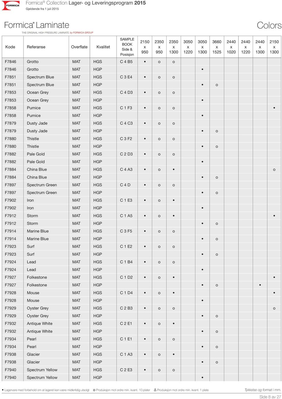 o F7882 Pale Gold MAT HGP F7884 China Blue MAT HGS C 4 A3 o o F7884 China Blue MAT HGP o F7897 Spectrum Green MAT HGS C 4 D o o F7897 Spectrum Green MAT HGP o F7902 Iron MAT HGS C 1 E3 o F7902 Iron