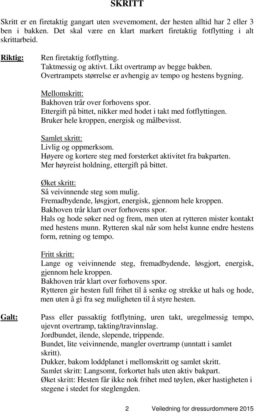 Ettergift på bittet, nikker med hodet i takt med fotflyttingen. Bruker hele kroppen, energisk og målbevisst. Samlet skritt: Livlig og oppmerksom.