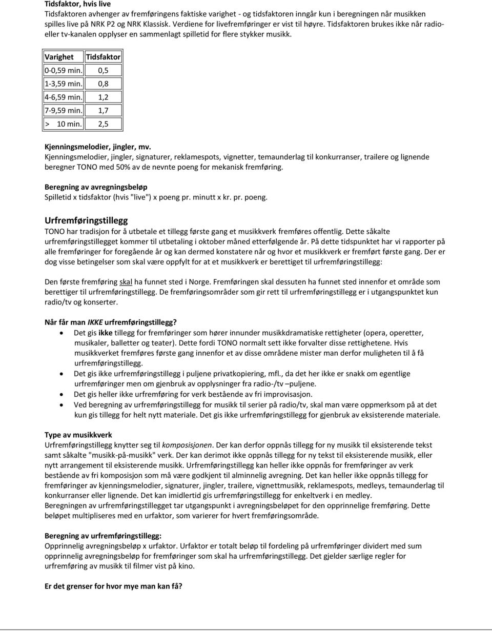 0,5 1-3,59 min. 0,8 4-6,59 min. 1,2 7-9,59 min. 1,7 > 10 min. 2,5 Kjenningsmelodier, jingler, mv.