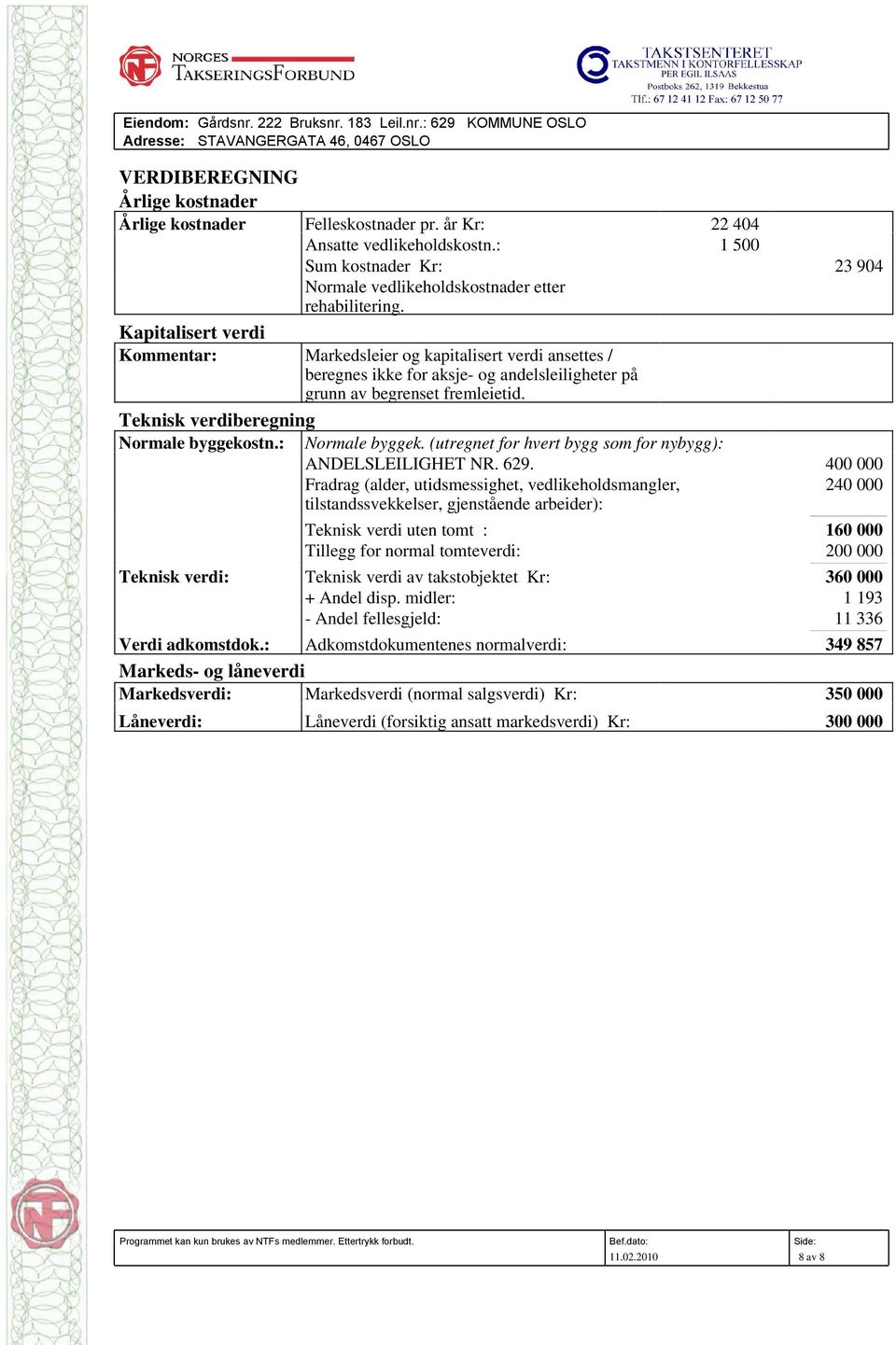 Kapitalisert verdi Kommentar: Markedsleier og kapitalisert verdi ansettes / beregnes ikke for aksje- og andelsleiligheter på grunn av begrenset fremleietid. Teknisk verdiberegning Normale byggekostn.