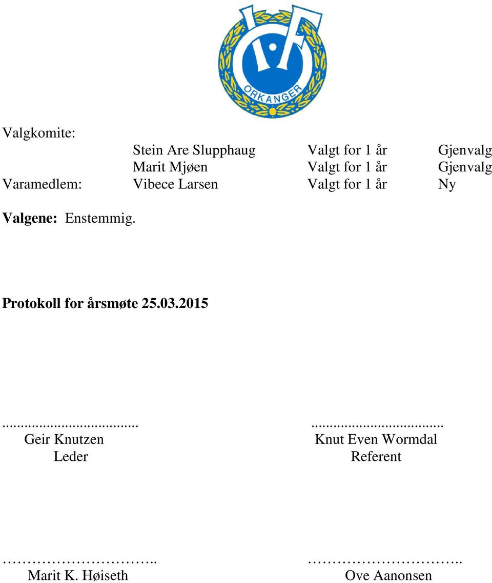 Valgene: Enstemmig. Protokoll for årsmøte 25.03.2015.
