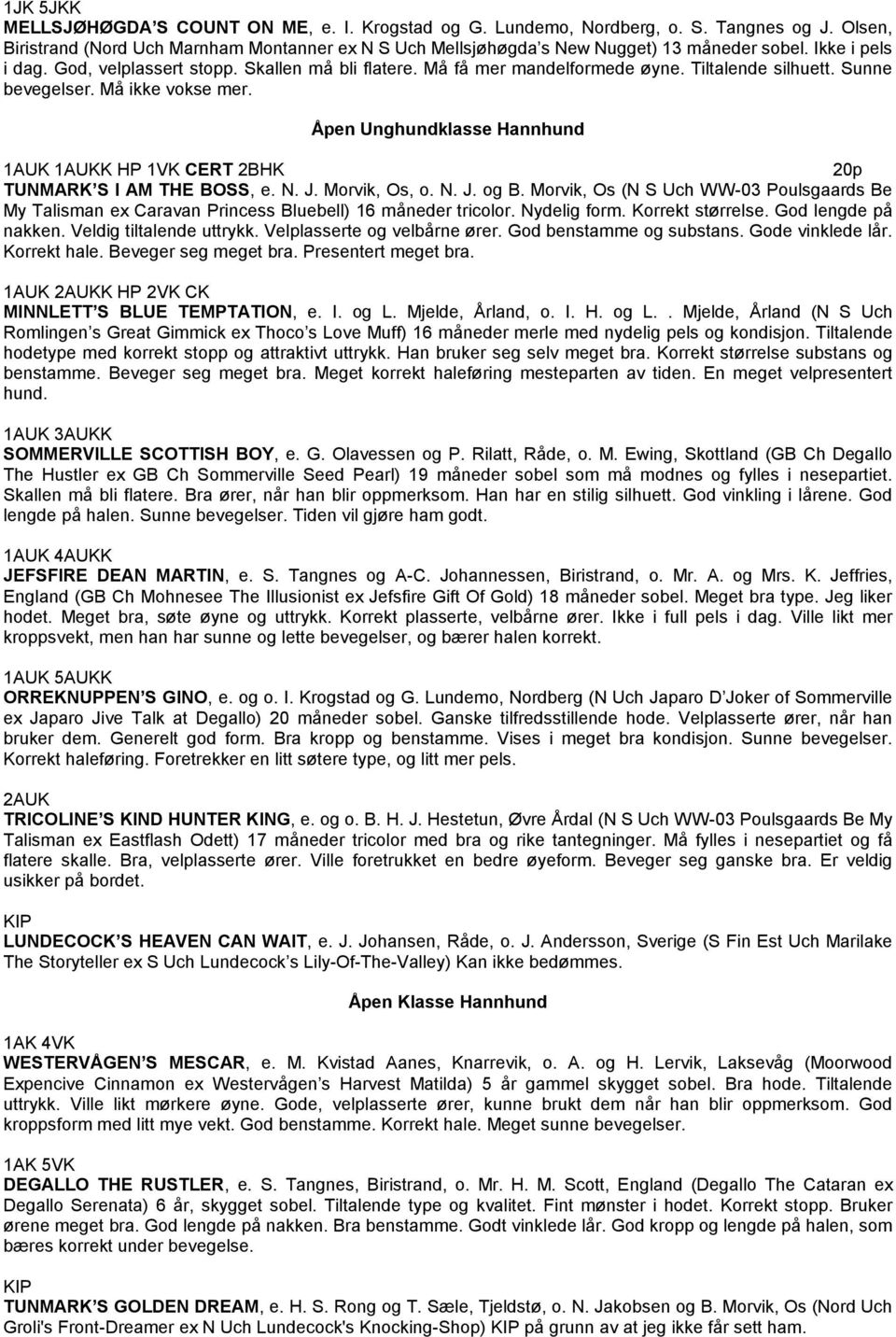 Åpen Unghundklasse Hannhund 1AUK 1AUKK HP 1VK CERT 2BHK 20p TUNMARK S I AM THE BOSS, e. N. J. Morvik, Os, o. N. J. og B.