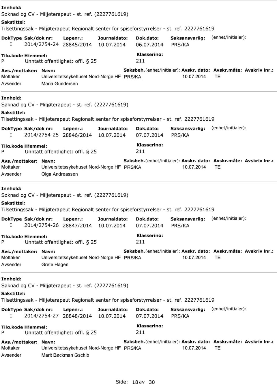 Mottaker niversitetssykehuset Nord-Norge HF TE Olga Andreassen nnhold: 2014/2754-26 28847/2014