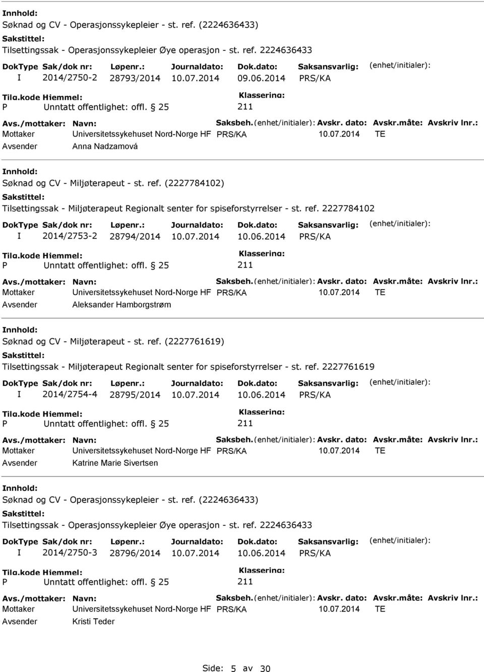 2014 Mottaker niversitetssykehuset Nord-Norge HF TE Aleksander Hamborgstrøm nnhold: 2014/2754-4 28795/2014 10.06.