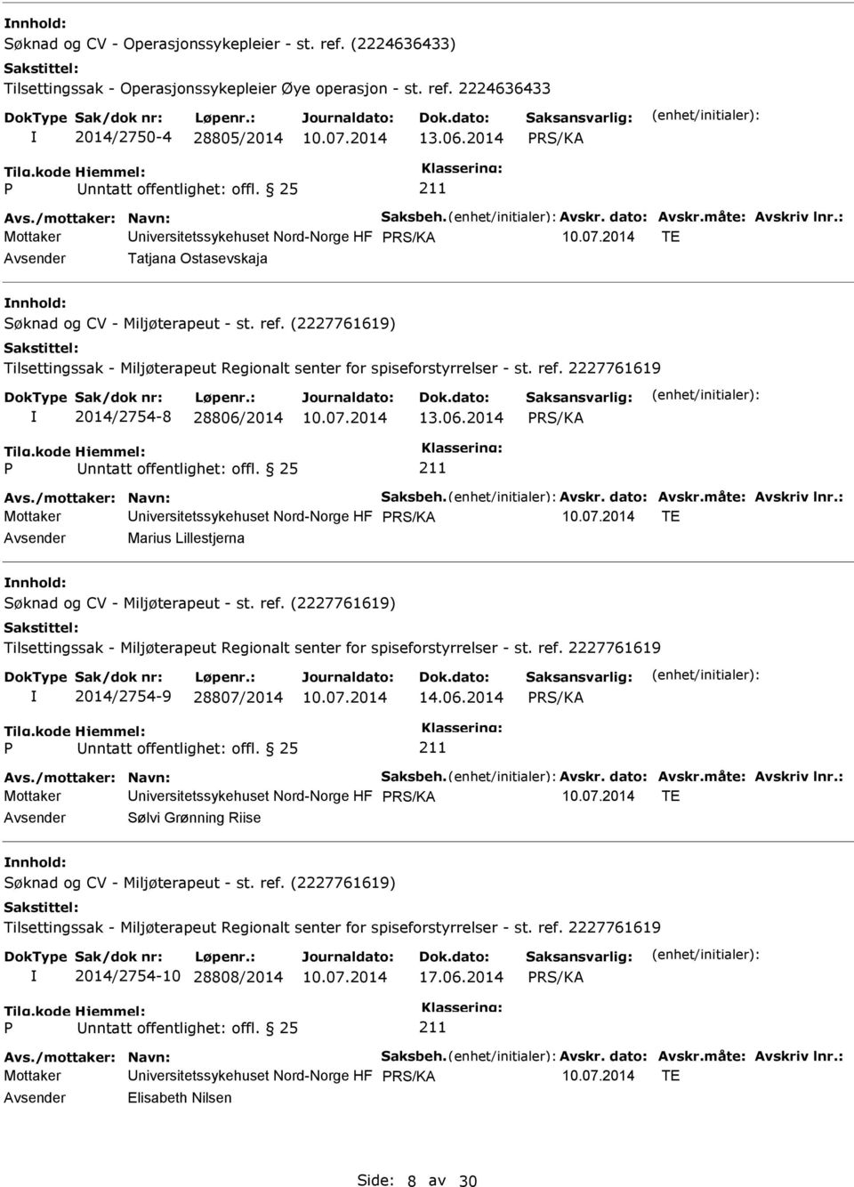 06.2014 Mottaker niversitetssykehuset Nord-Norge HF TE Sølvi Grønning Riise nnhold: 2014/2754-10 28808/2014 17.06.2014 Mottaker niversitetssykehuset Nord-Norge HF TE Elisabeth Nilsen Side: 8 av 30