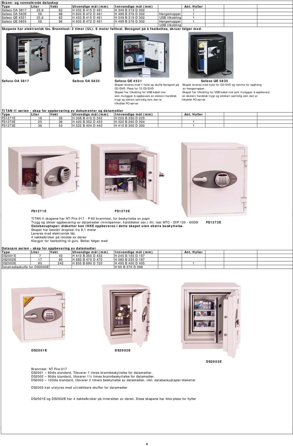 USB tilkobling 1 Safeco QE 5835 56 96 H 603 B 472 D 491 H 499 B 376 D 302 Hengemapper 1 USB tilkobling Skapene har elektronisk lås. Branntest: 2 timer (UL). 9 meter falltest.