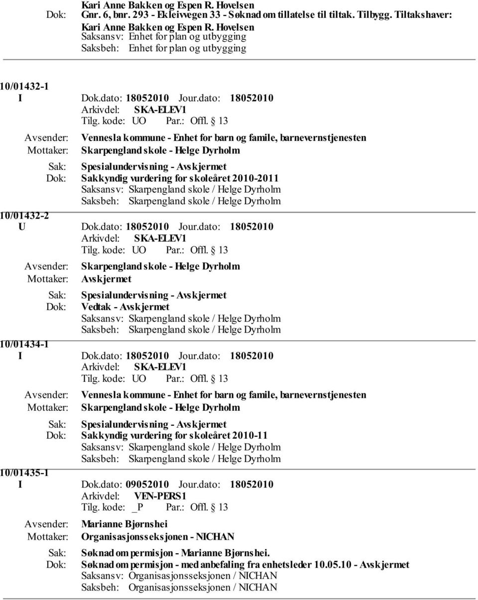 dato: Jour.dato: Sakkyndig vurdering for skoleåret 2010-11 10/01435-1 I Dok.dato: 09052010 Jour.dato: Arkivdel: VEN-PERS1 Tilg. kode: _P Par.: Offl.